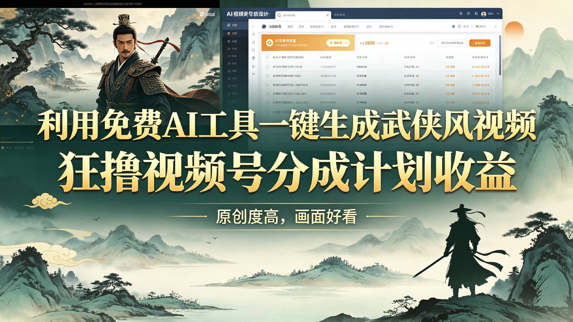 利用免费AI工具一键生成武侠风视频，狂撸视频号分成计划收益，原创度高，画面好看-九节课